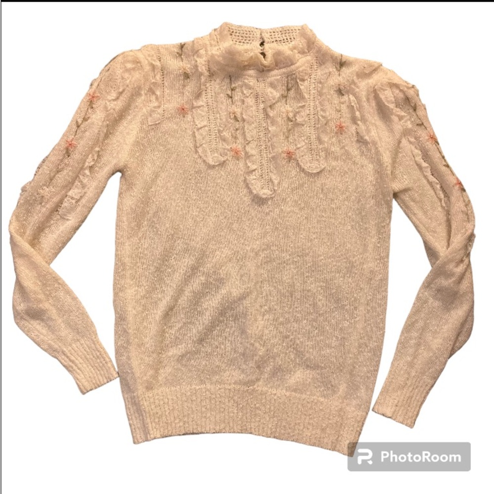 Vintage Rebecca Lynne ivory knit ruffle floral long sleeve sweater